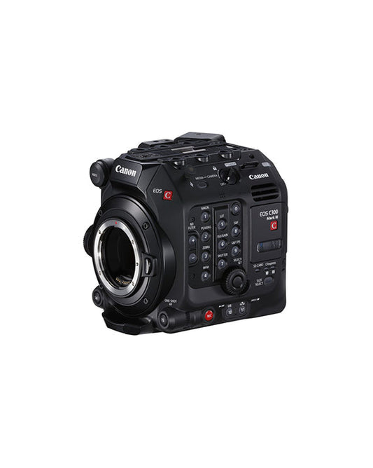 Image of The Canon EOS C300 Mark III is a professional digital cinema camera equipped with a Super 35mm DGO sensor capable of 4K/120p recording